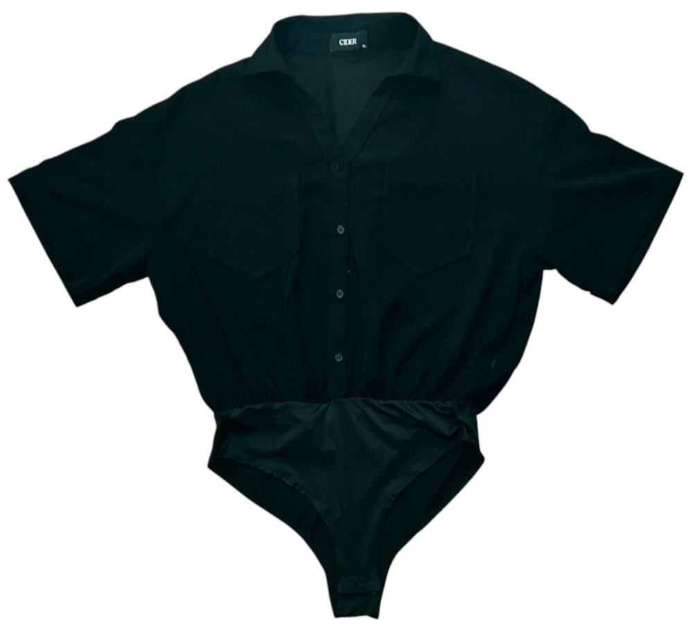 NWOT Cider V-Neck Woven Collar Oversized Short Sleeve Black Bodysuit 10